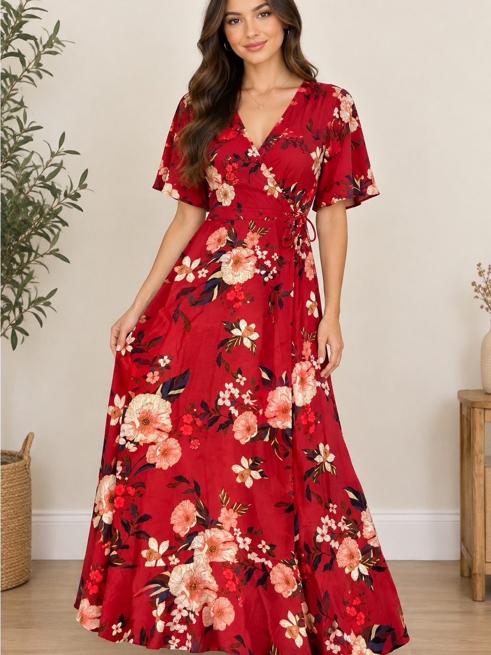 Sadie & Sage Red Floral Wrap Maxi Dress